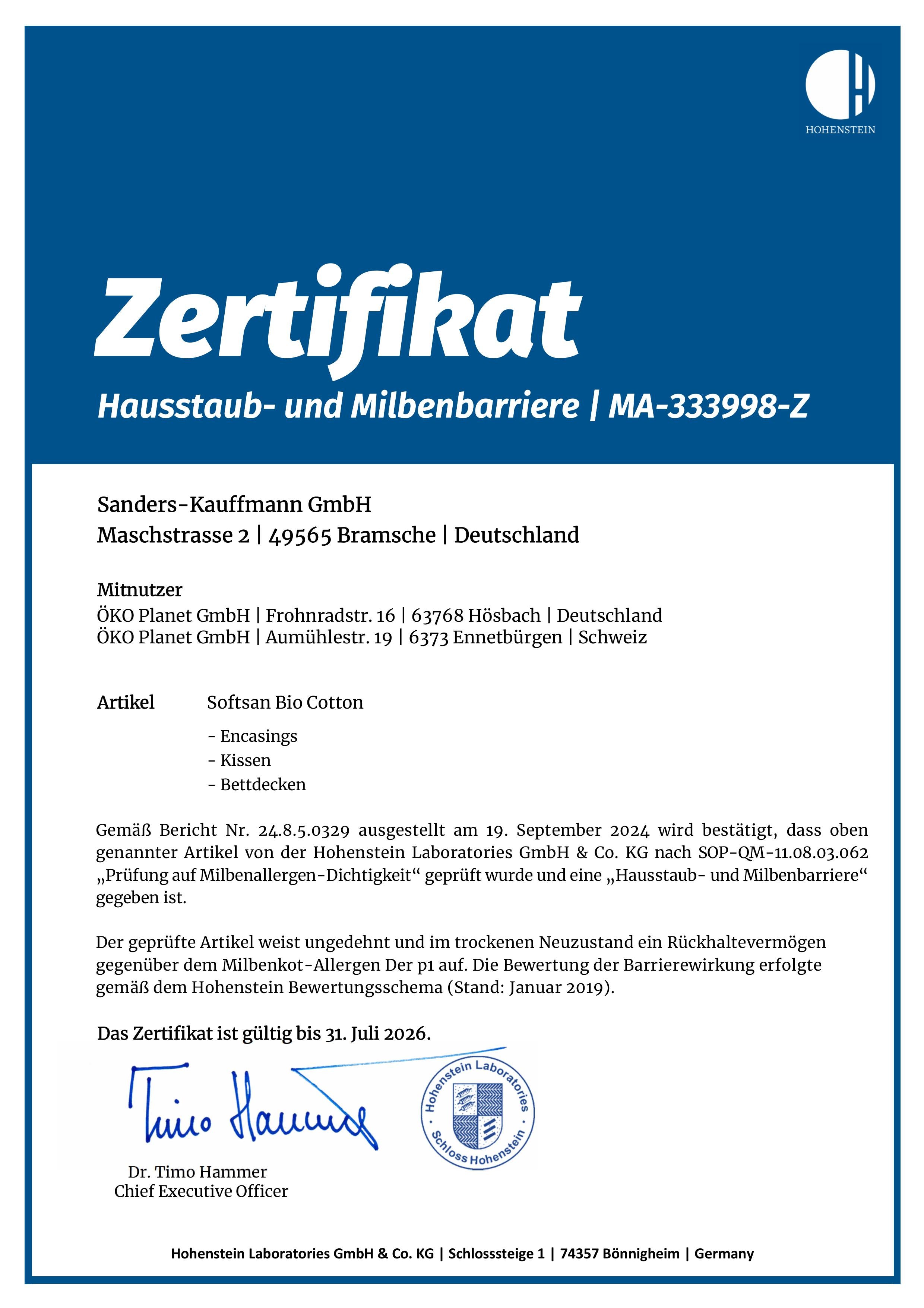 Softsan® Allergiker Schlafsack Bio Baumwolle mit integriertem Milbenschutz Encasing - Softsan