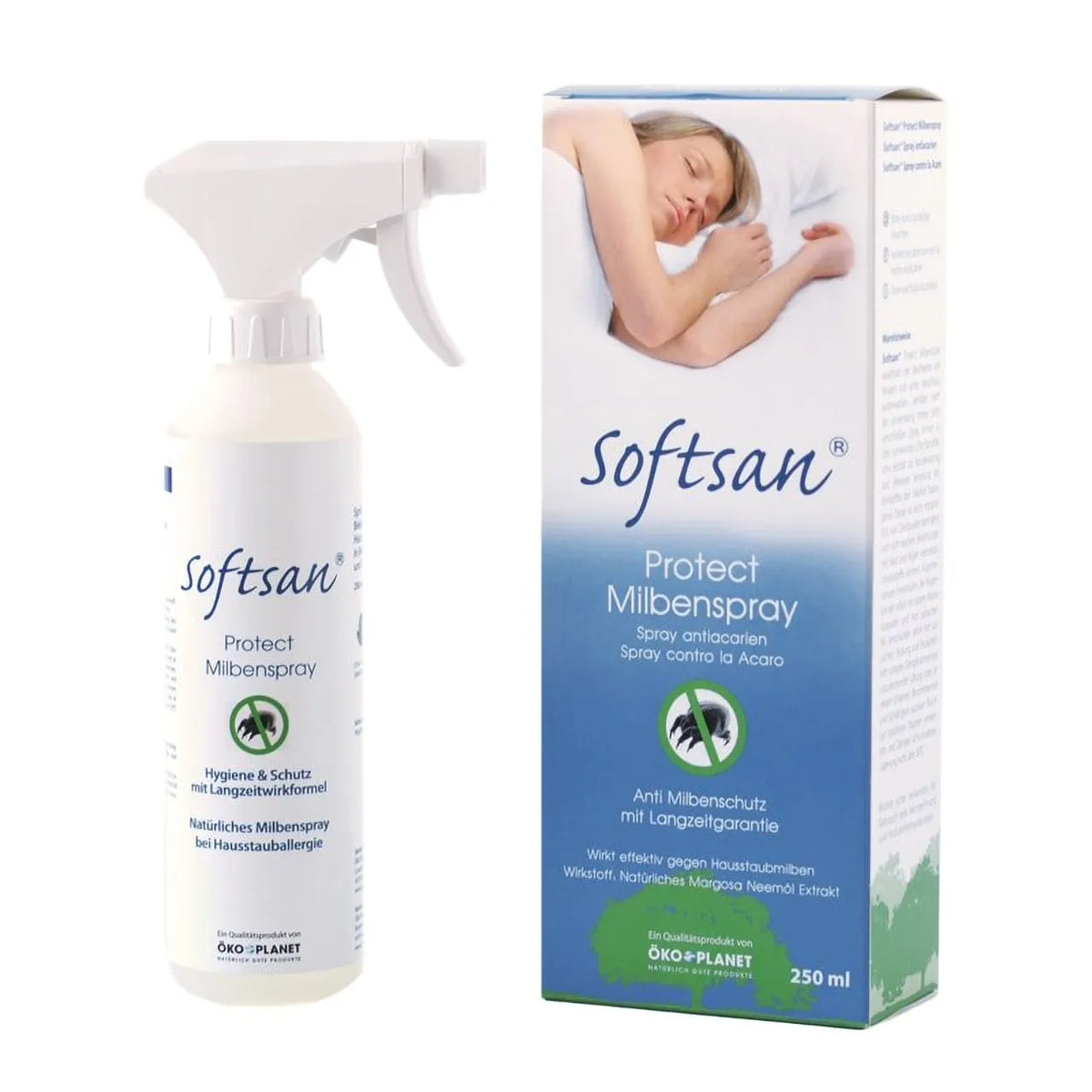 Softsan Protect Milbenspray 250 ml, Sprühflasche und Verpackung mit schlafender Frau