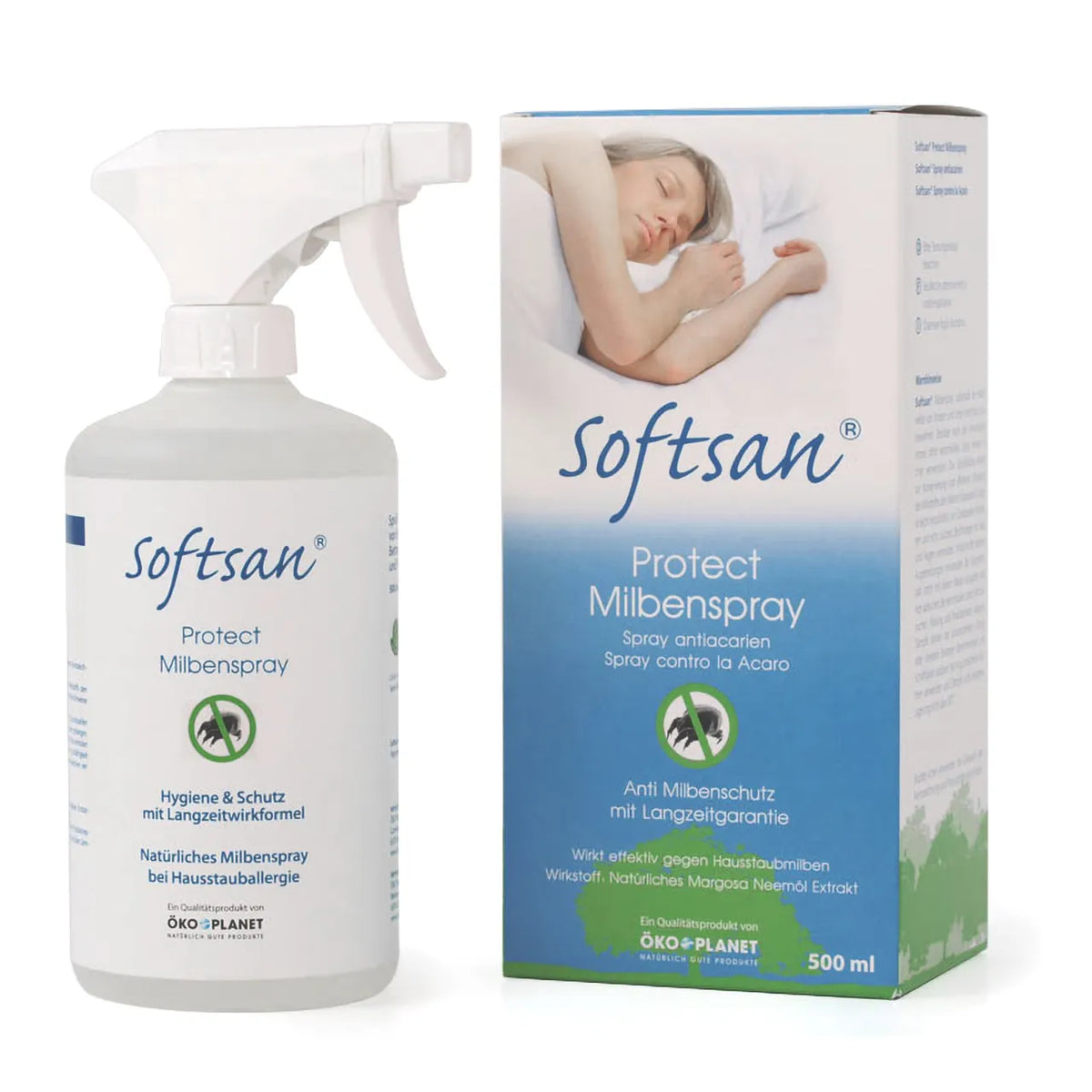Softsan Protect Milbenspray Sprühflasche und Verpackung, 500 ml, mit schlafender Person auf Karton