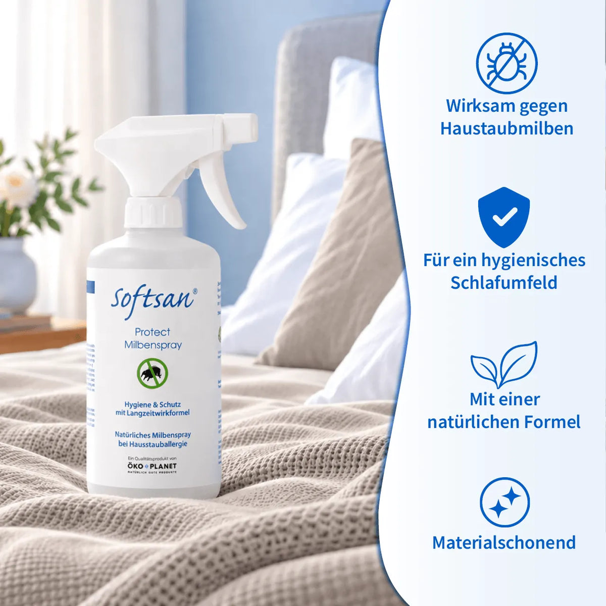 Softsan Protect Milbenspray Sprühflasche auf Bett, daneben Icons zu Wirkung, Hygiene und natürlicher Formel