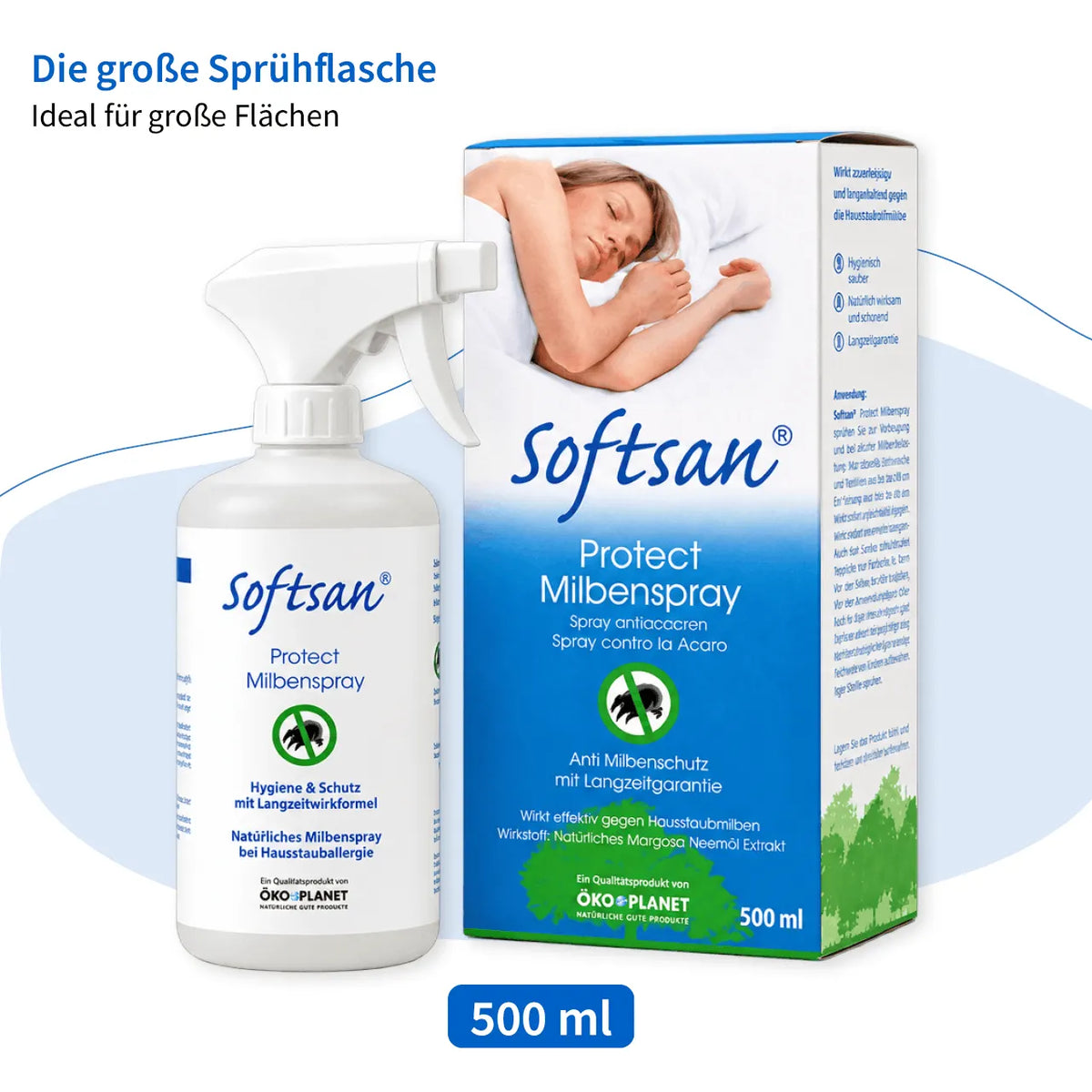 Softsan Protect Milbenspray 500 ml, Sprühflasche neben Verpackung mit schlafender Person
